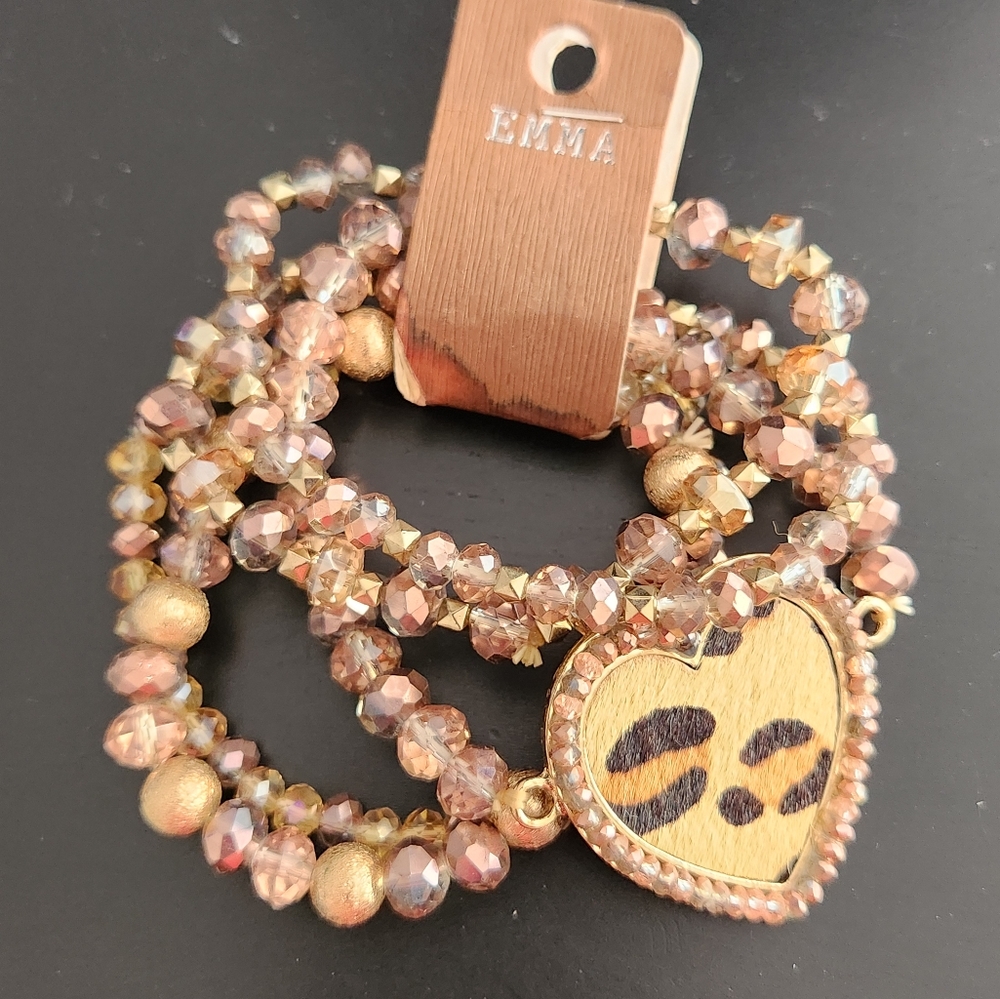 Gold and Champaign Beaded Heart Bracelet Set